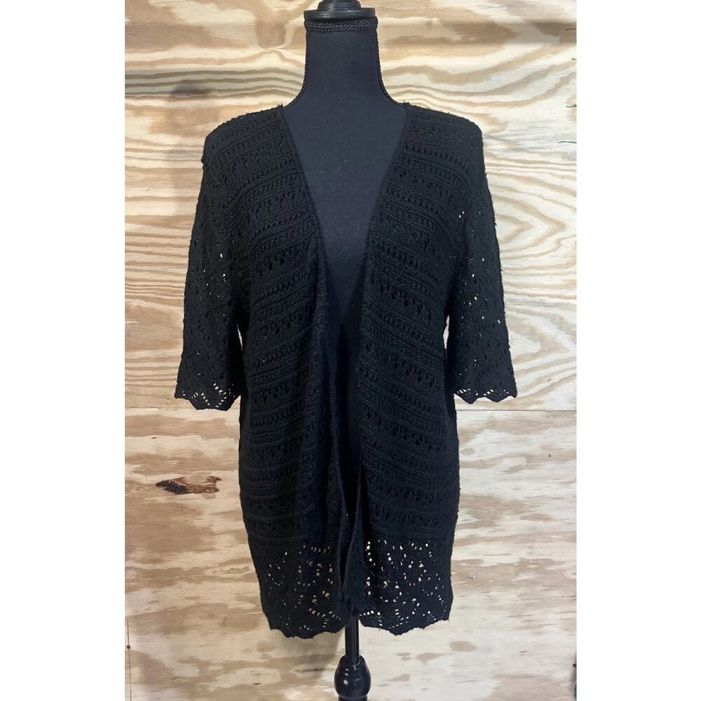 Vtg Christopher & Banks Open Knit Whimsygoth Crochet Cardigan Black Boho Fairy L